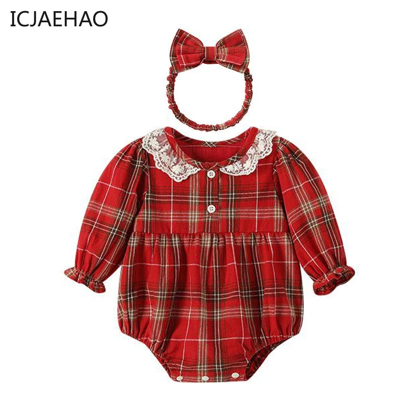 

2025 Baby Rompers for Newborn Girls Christmas Costume Kids Plaid Jumpsuit Sets with Hairband Girl One-Piece Infant Autumn Onesie