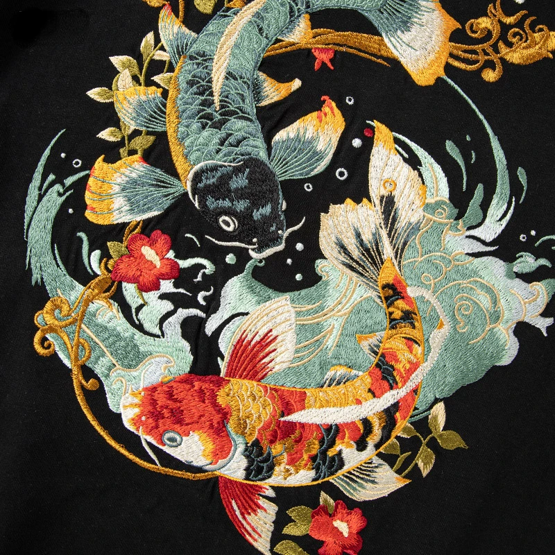 Summer Embroidery T Shirt Men Fashion Vintage T Shirt Women Hip Hop Tees Cotton Short Sleeve Chinese Koi Carp Loose Tops Couple