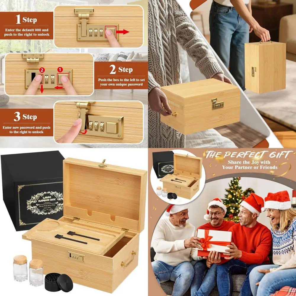 

Large Wooden Lockable Storage Box with Rolling Tray, Adjustable Dividers and Vintage Gold Handles