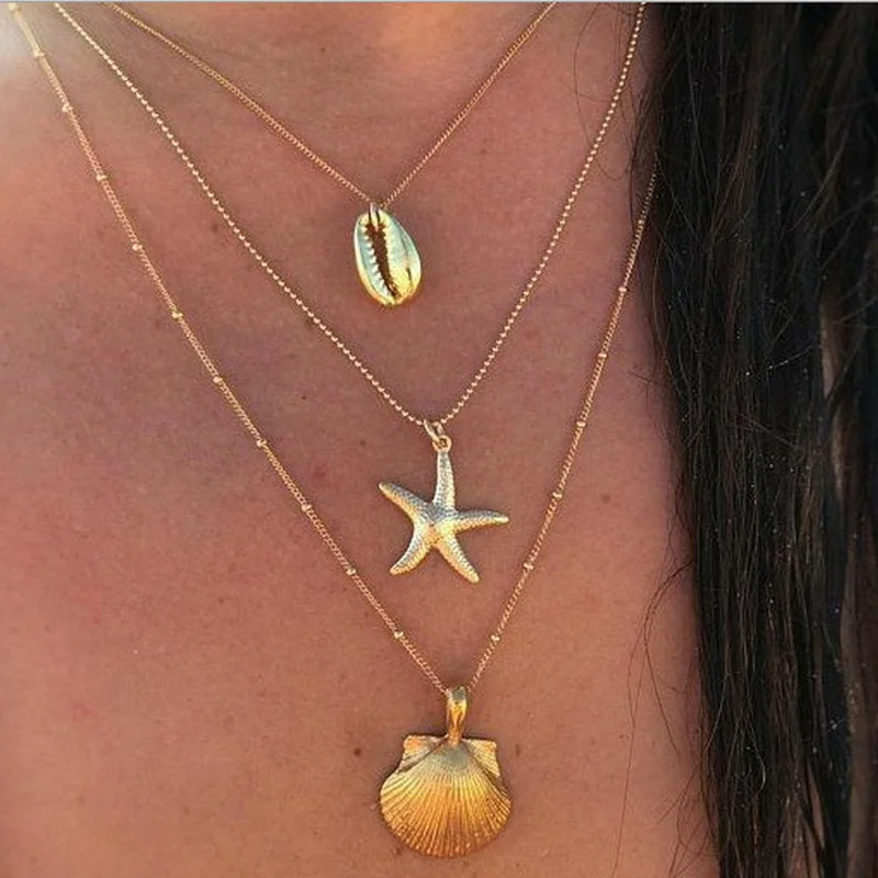 Bohemia Starfish Conch Shell Pendant Necklace For Women Trendy Gold Color Multi-Layer Chain Necklaces Summer Beach Jewelry Gifts