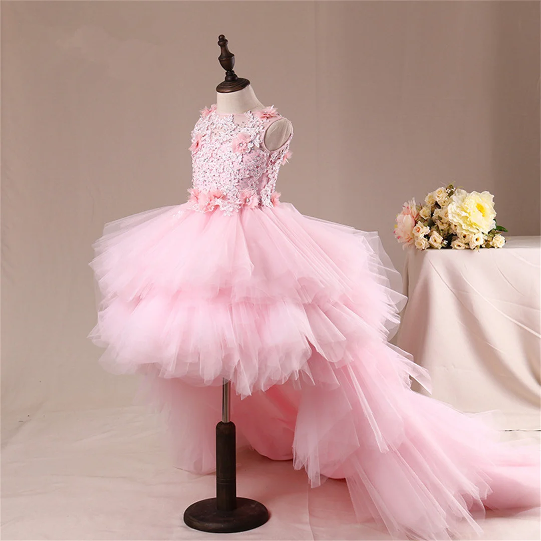 تخصيص الاطفال الطفل مع قطار الأطفال تظهر زهرة فتاة فستان أداء زي مهرجان ثوب طويل الذيل تول العباءات الوردي