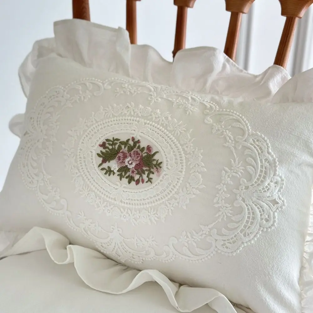 with Lotus Frill French Lace Pillow Cover Washed Material Soft Embroidered Cushion Cover Comfortable White Cotton Pillow Case