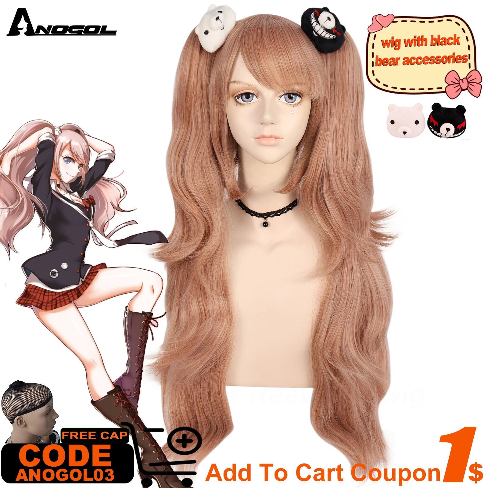 Parrucca Cosplay ANOGOL sintetica Junko Enoshima parrucca Anime Dangan Ronpa lunga rosa Lolita con due code di cavallo forcine per capelli orso bianco nero