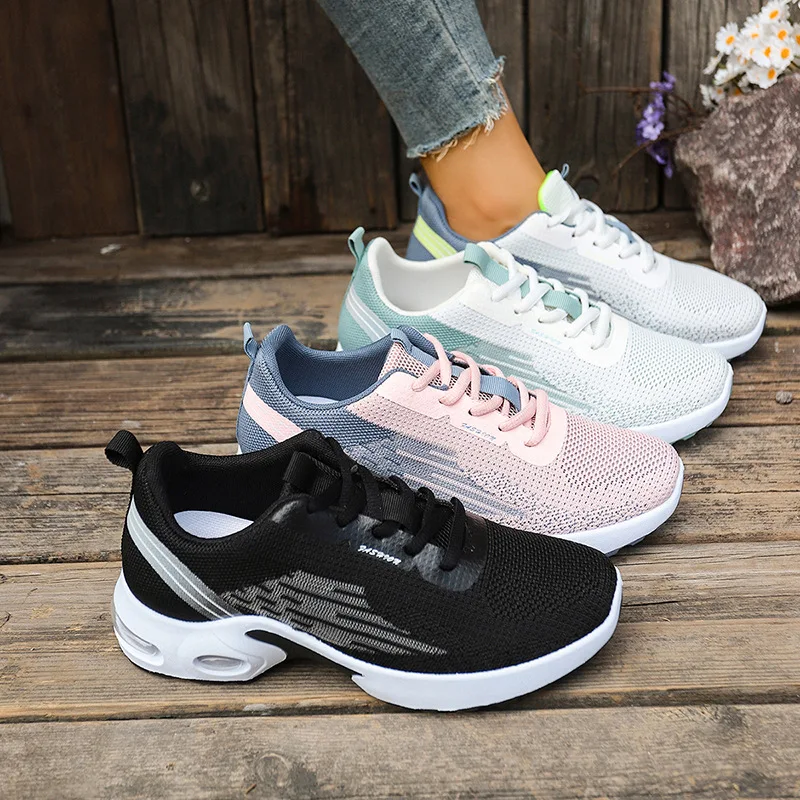 Women's Fashion Air Cushion Platform Sneakers Breathable Mesh Upper Non-Slip Thick Sole Lace-Up Casual Walking Shoes