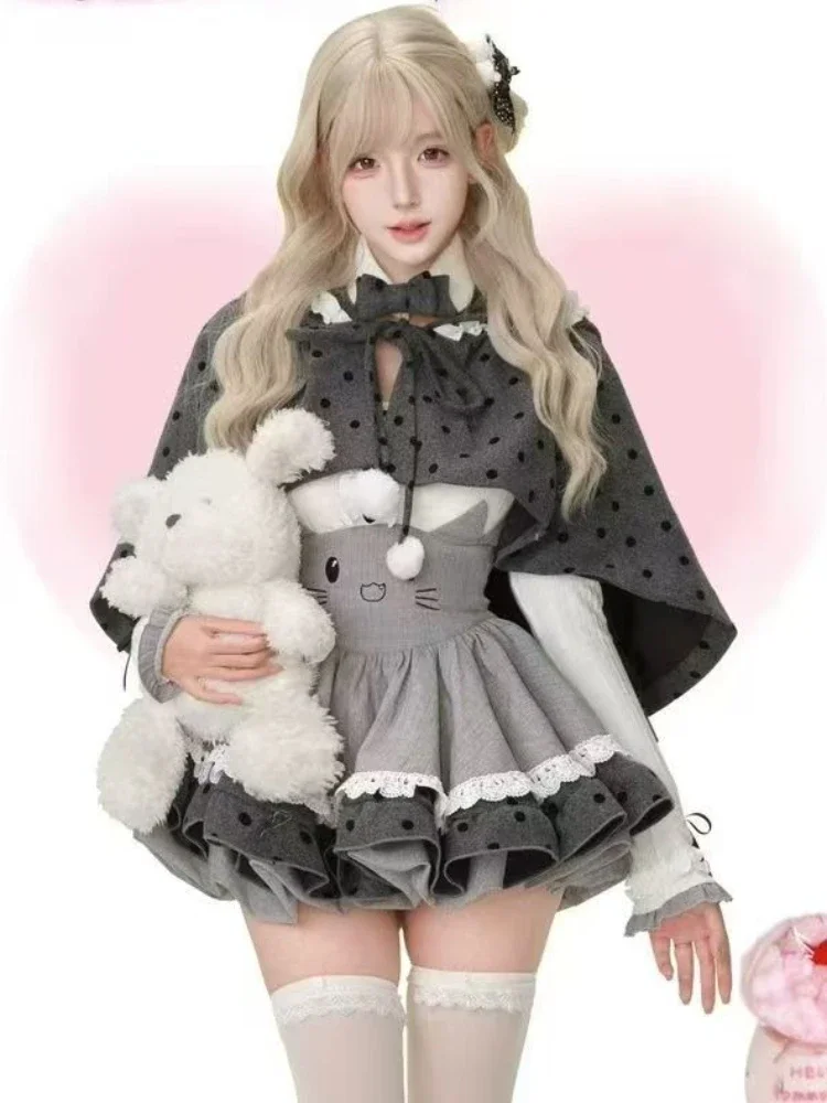 الحلو فتاة الشتاء عباءة مقوس دانتيل اليابانية موضة تنورة دعوى 2026 جديد Kawaii لوليتا القط الأذن الزي مجموعة المرأة مقنعين الرأس مجموعة #1