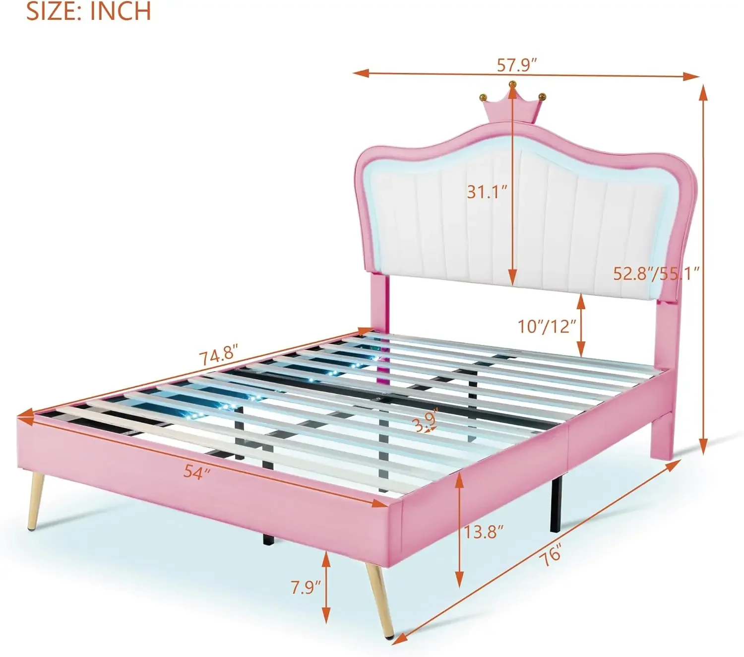 Full Size Upholstered Bed Frame with LED Lights,Modern Upholstered Princess  with Crown Headboard Princess  Princess