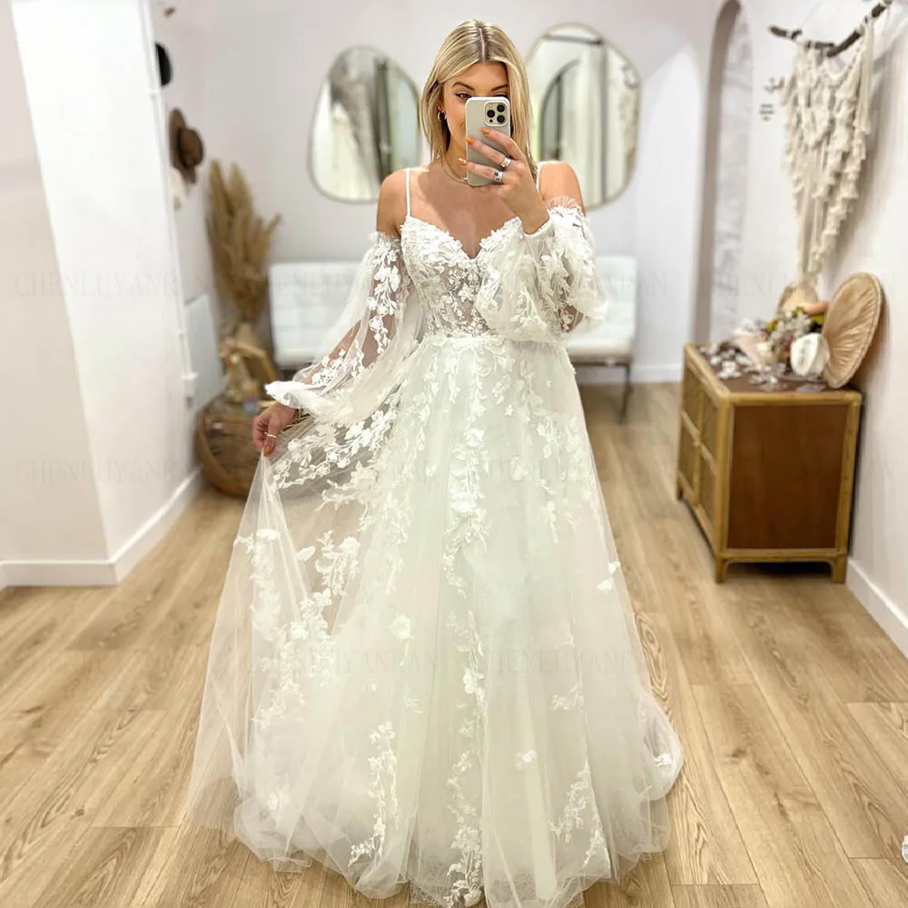 

Boho Wedding Dresses 2023 Women V-Neck Illusion Sexy Long Bride Dress Sweep Train Applique A-Line Tulle Custom Occasion Gowns