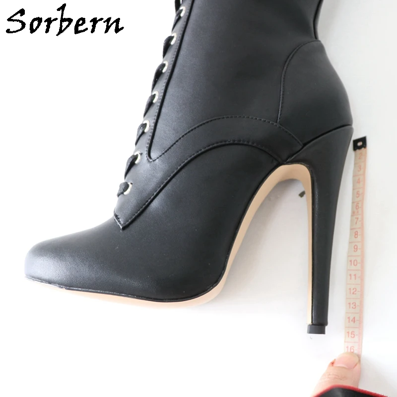 Sorbern Custom Vintage Round Toe Boots Burlesque High Heels Knee High Lace Up High Arch Shoes Wide Leg Stilettos Black Matt Boot