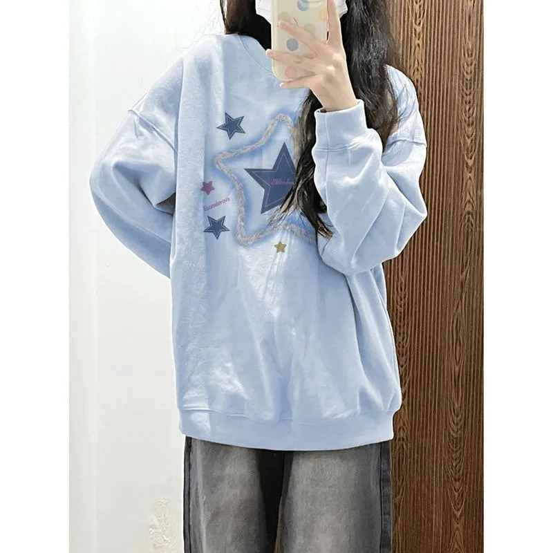 Retro China-Chic Brand Design Sense Pentagram Print Round Neck Sweater Women's Autumn Winter New Loose Comfortable Versatile Top