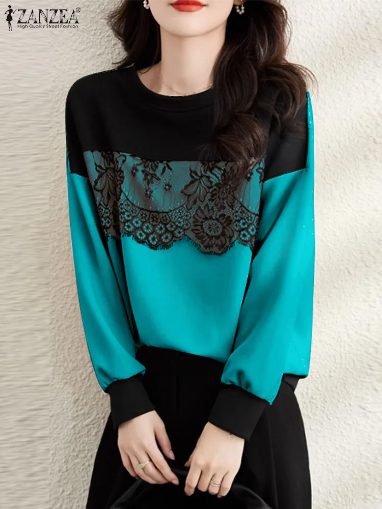 ZANZEA 2024 Autumn Long Sleeve Tops Vintage Women Colorblock Pullovers Fashion Lace Stitching Sweatshirt Casual Loose Hoodies