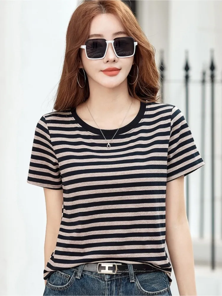 

Women's ort Sve T-irt Pure Cotton Loose Fit round Ne Spring Summer New Sle plus Size Slimming Bla White Stripes Top