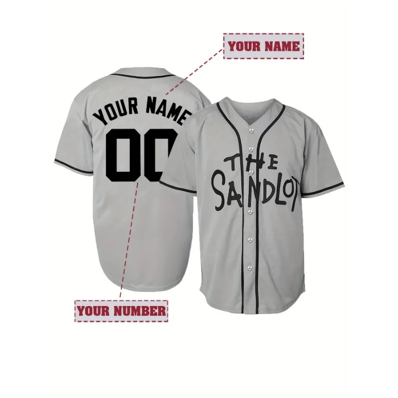 Camisa de beisebol personalizada com nome e número, camisa esportiva solta bordada respirável de manga curta masculina para treinamento de equipe The Sandlot