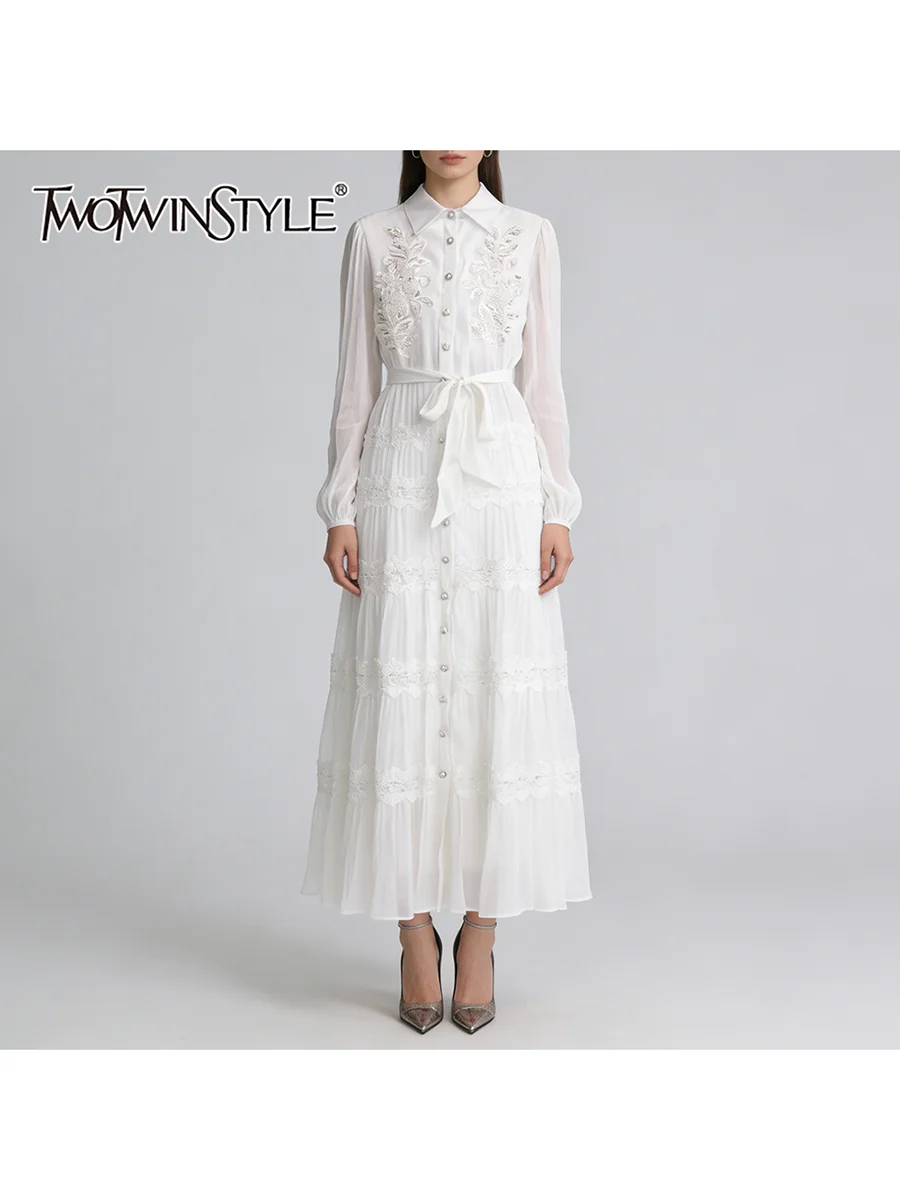 

TWOTWINSTYLE Patchwork Flower Solid Dresses for Women Lapel Long Sleeve High Waist Lace Up A Line Dress Female Fashion Clothing