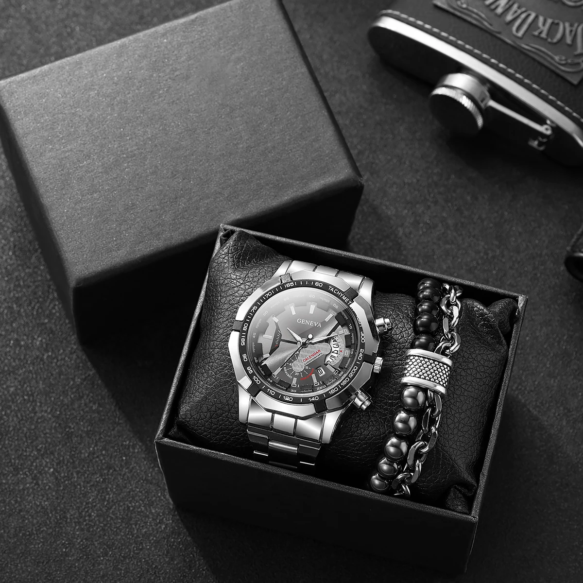 

Прочный мужской серебряный хронограф-часы и браслет с бусинами в подарочном наборе - спортивные наручные часы из нержавеющей стали с матовыми черными бусинами и цепочкой