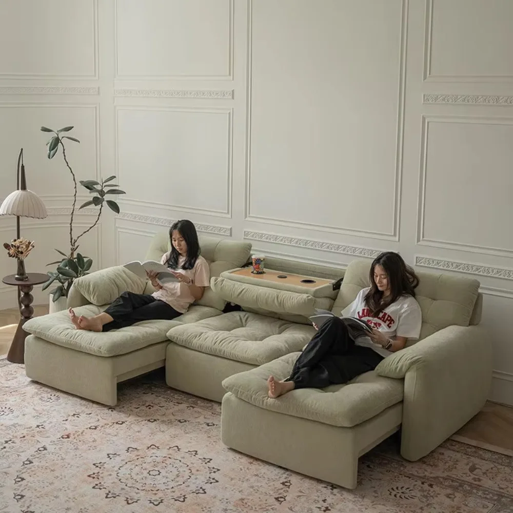 Simple electric fabric sofa high backrest living room  wall large seat depth adjustable telescopic multi-functional wood
