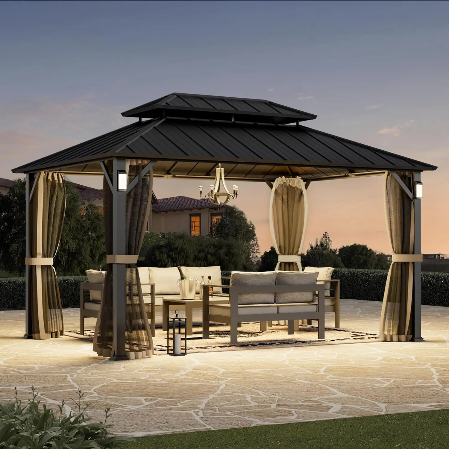 Outdoor Grill Gazebo , Permanent Hardtop Gazebo 10' X 14' Wiith 4 LED Lights, with Galvanized Steel Double Roof, Patio Pavilion