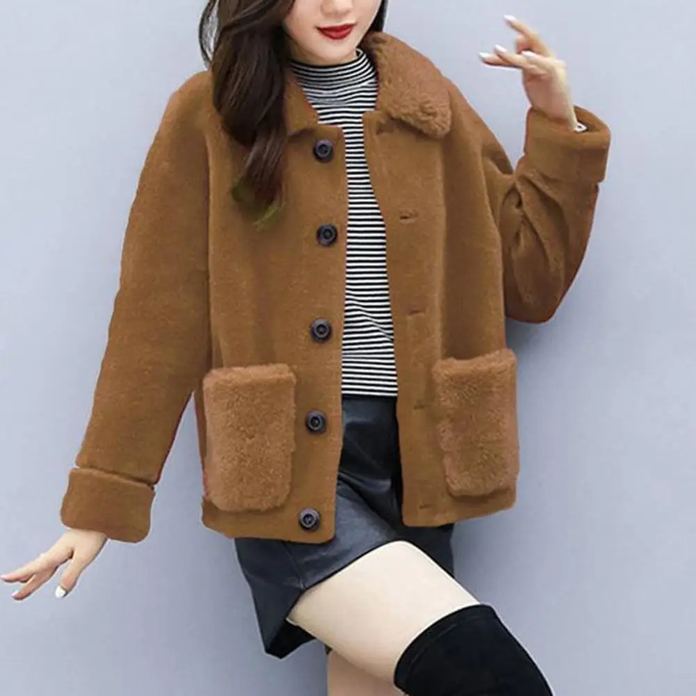 Women Loose-fitting Jacket Plush Solid Color Women's Coat with Turn-down Collar Pockets Soft Cozy for Fall for Resistance