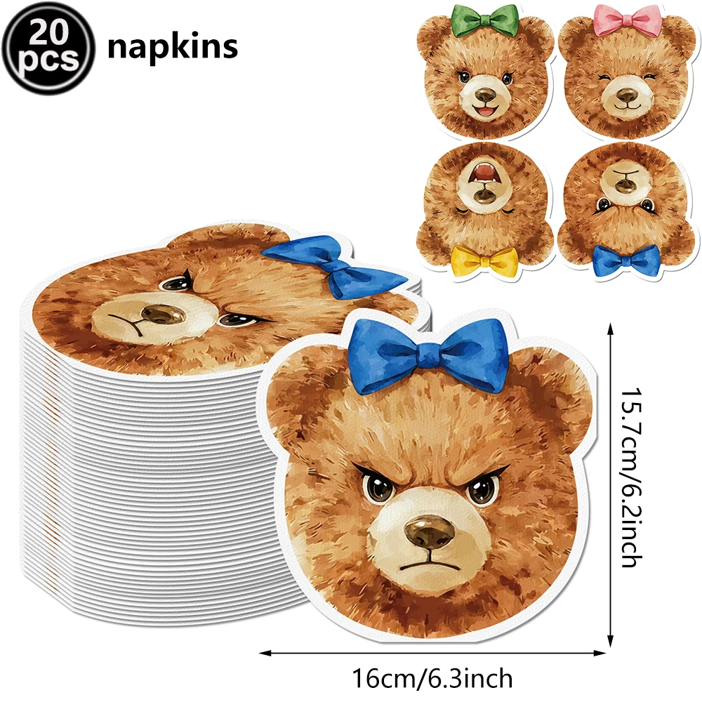 Teddy Bear Disposable Paper Napkins Colorful Bow Bear Face Printed Napkin for Bear‑Theme Birthday Party Table Decor Supplies