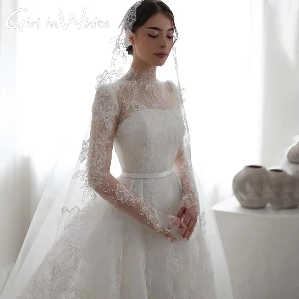 

Tulle Wedding Dress High Neck Long Sleeve A-line Lace Appliques Bride Gowns Customized Boho Bride Dress vestidos de novia