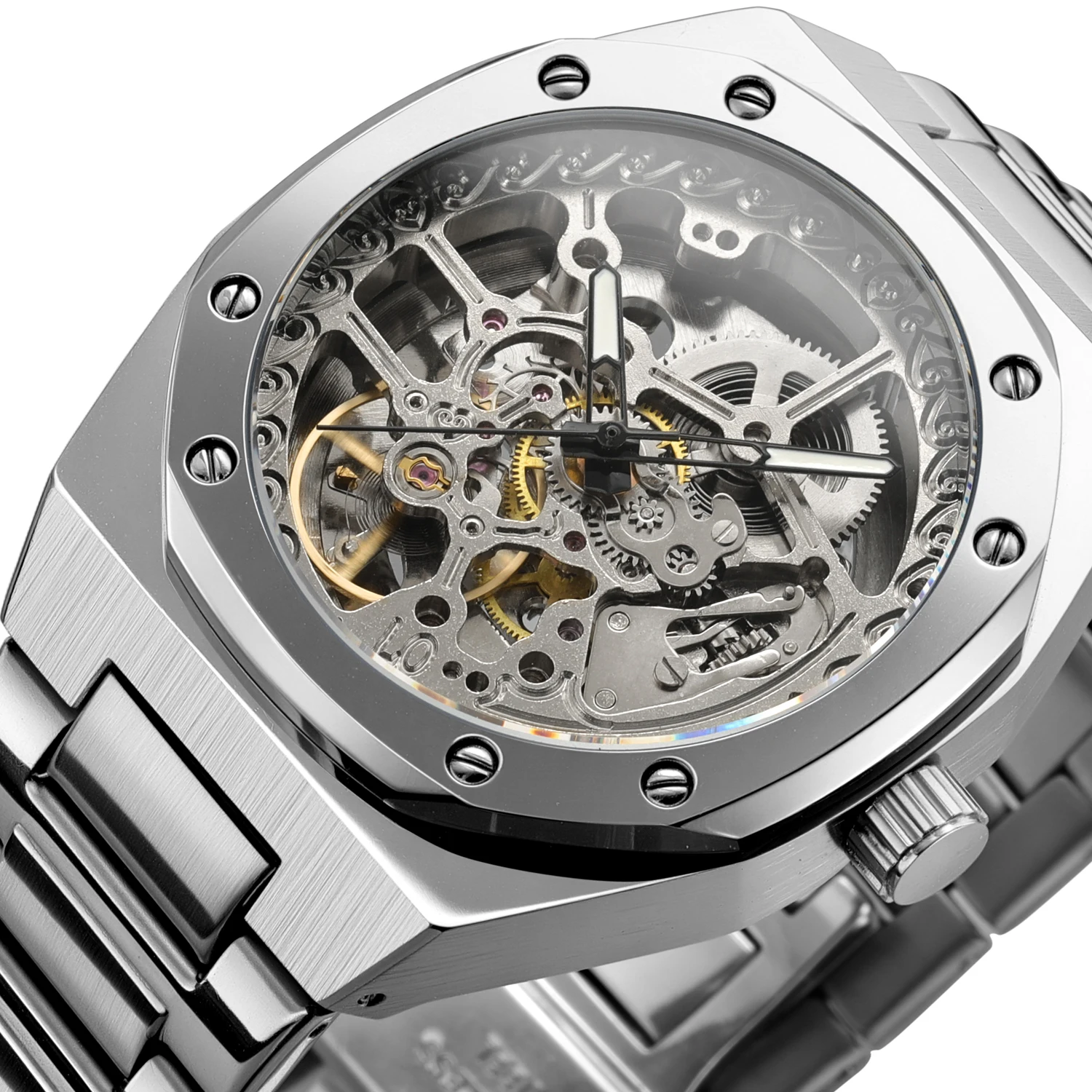 Forsining Luxus Skelett Automatische Mechanische Uhr für Herren Leuchtende Zeiger Goldene Königliche Herrenuhren Edelstahlarmband Neu