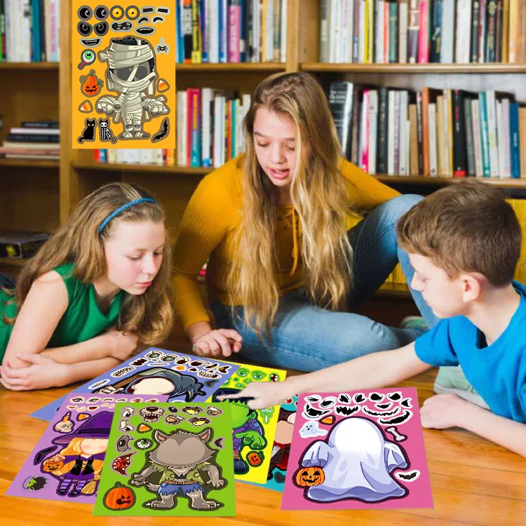 8 قطع من ألغاز الهالوين على شكل وجه، ملصق يدوي الصنع لحفلات الأطفال، لعبة هدية على شكل يقطين شبح تجميع لعبة تعليمية #5