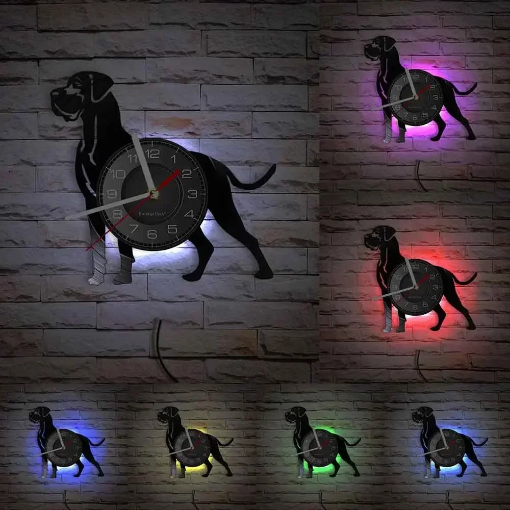 Great Dane Dog Wall Clock with LED Illumination Lovely Doggy Pets Animals Vinyl LP Record Wall Watch Home Decor for Puppy Lovers