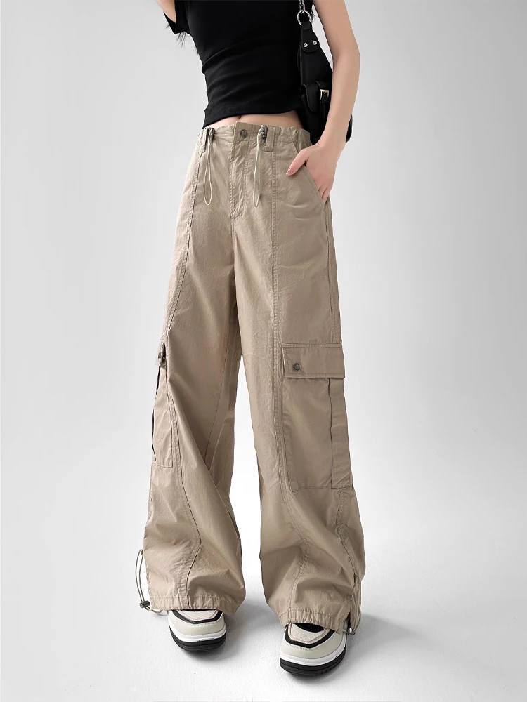 

American Retro Khaki Work Pants Men's Summer Paratrooper Pants Dstring Cuffed Straight Leg Wide Leg Casual Pants