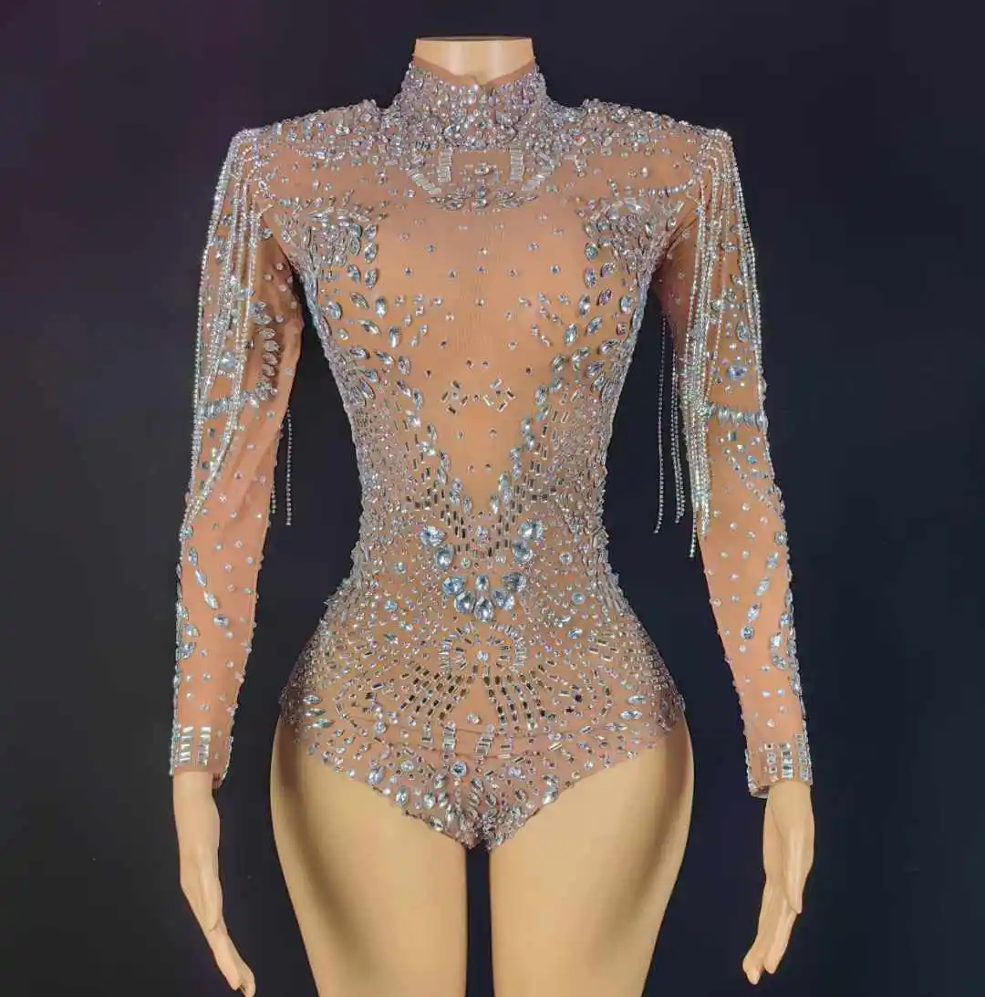 Luxury Shinning Rhinestone Bodysuits For Women Glitter Drill Chain Sheer Stretch Dance Costume Drag Queen Leotard