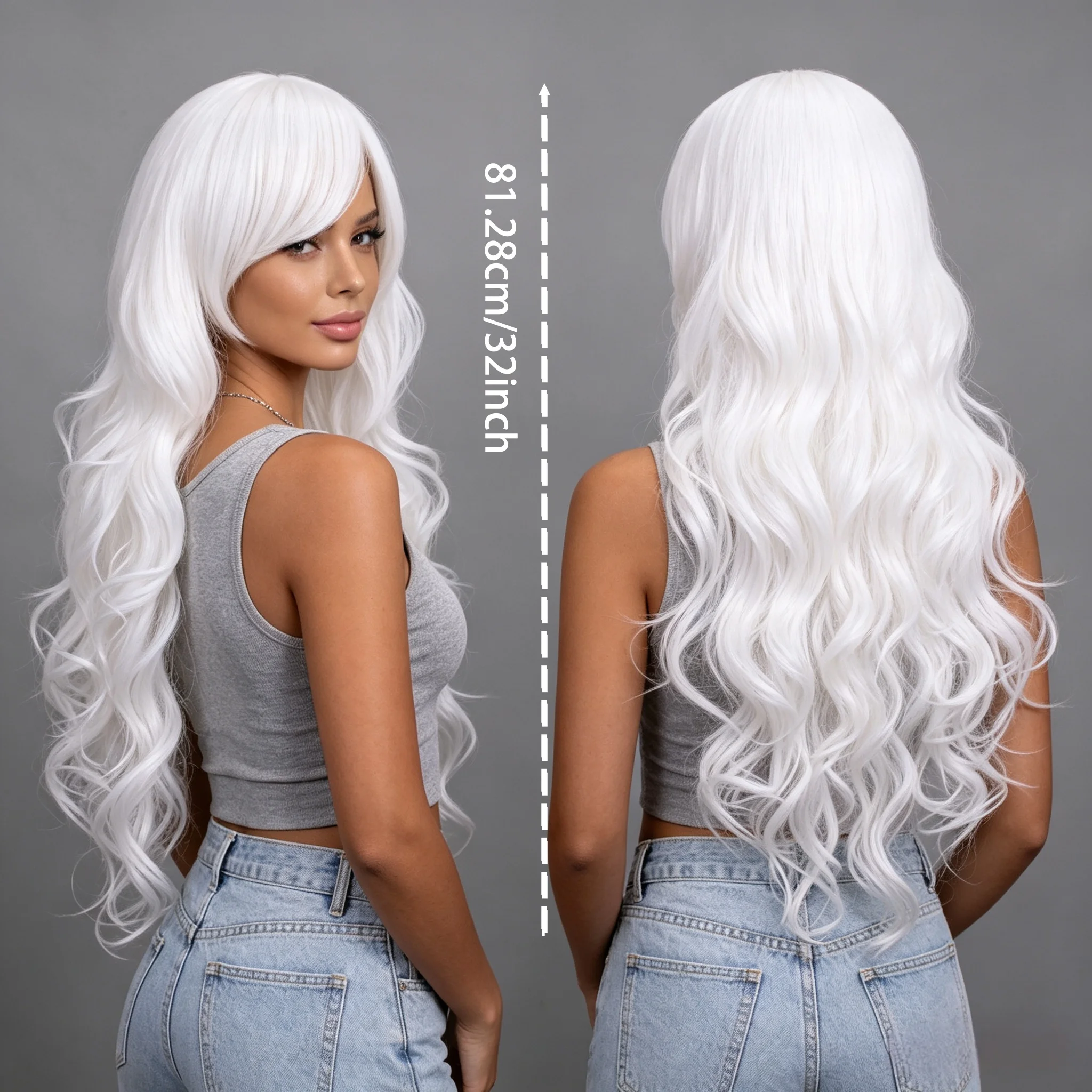 Synthetic Wig with Side Bangs Long White Wavy Wig with Bangs for Women Heat Resistant Synthetic Wig for Halloween Cosplay Party