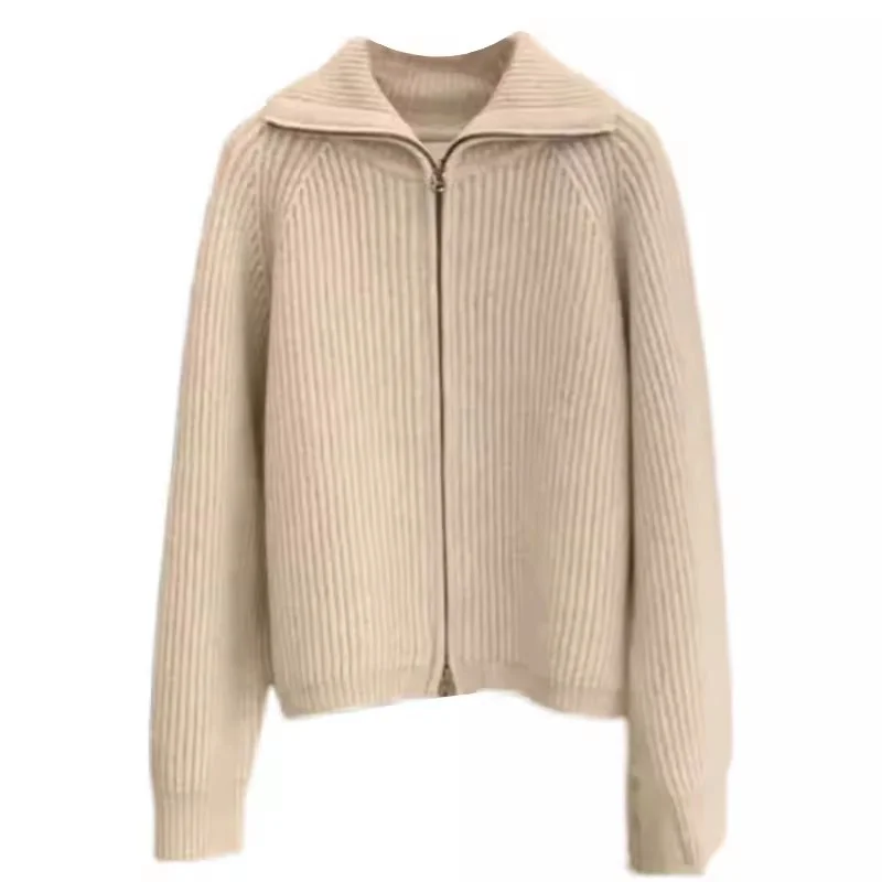 Autumn and Winter Lazy Style High Neck Thickened Knitted Cardigan Korean Zipper Design Feels Small Flip Neck Sweater for Women