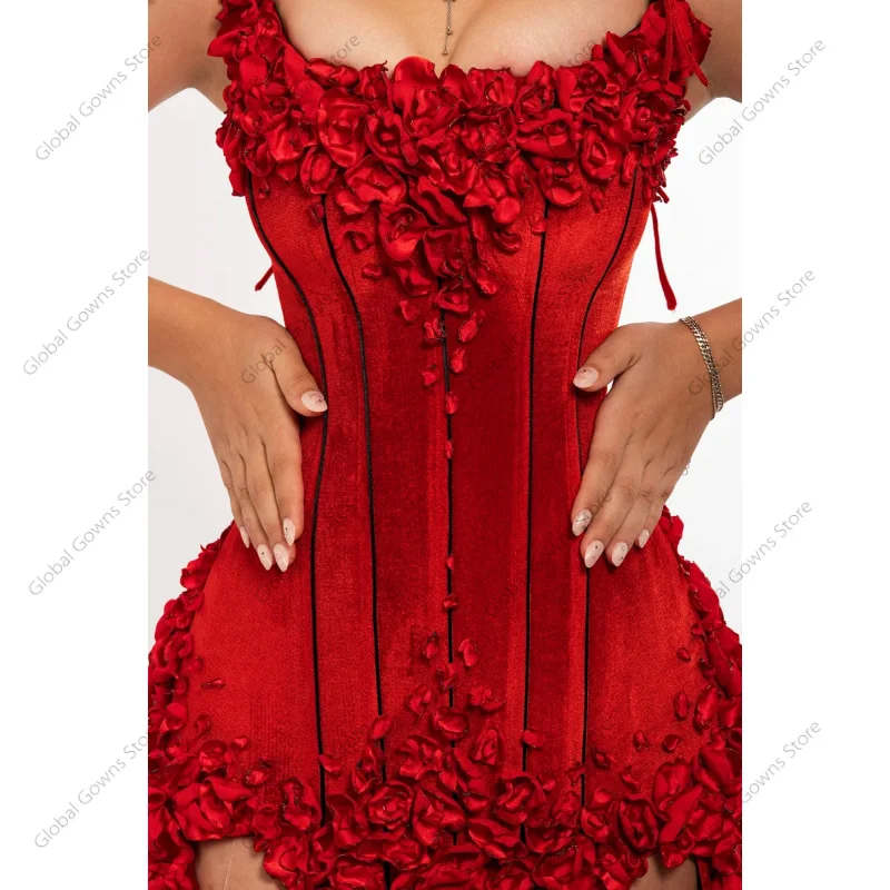 Red Velvet Pretty Petals Floral Short Prom Dresses Mini Wedding Party Dress Handmade Flowers Black Girls Birthday Dress Custom