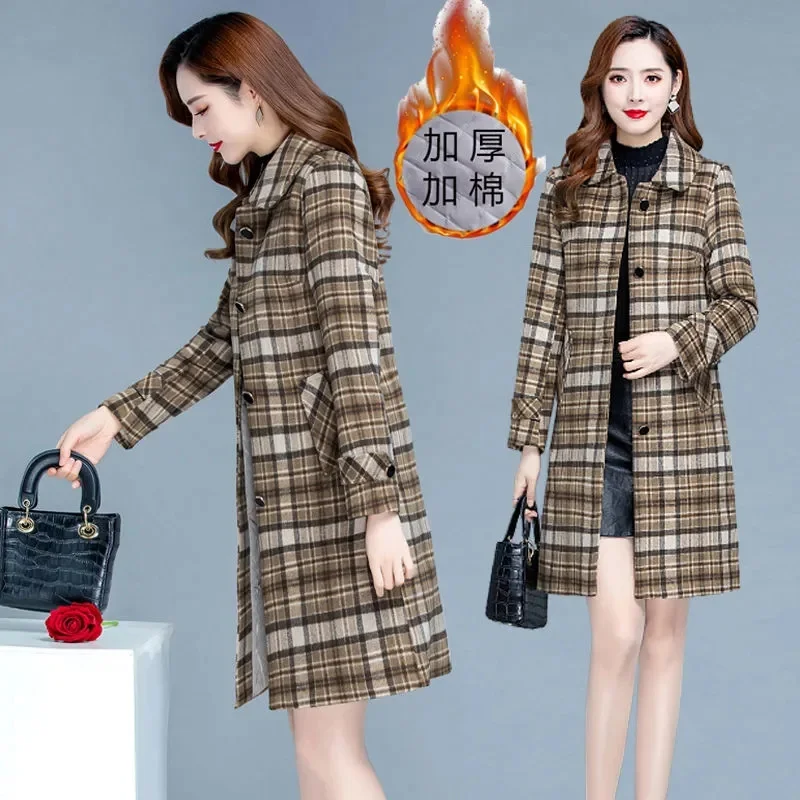 Plaid Woolen Coat Women Korean Mid-length Jacket Autumn Winter New Single-Breasted Wool Blend Female Basic Coat Overcoat 4XL 5XL