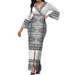 2024 New Arrival mother day Polynesian Tribal White Plus Size V Neck Bell Sleeves Maxi Dresses Women Lady Elegant