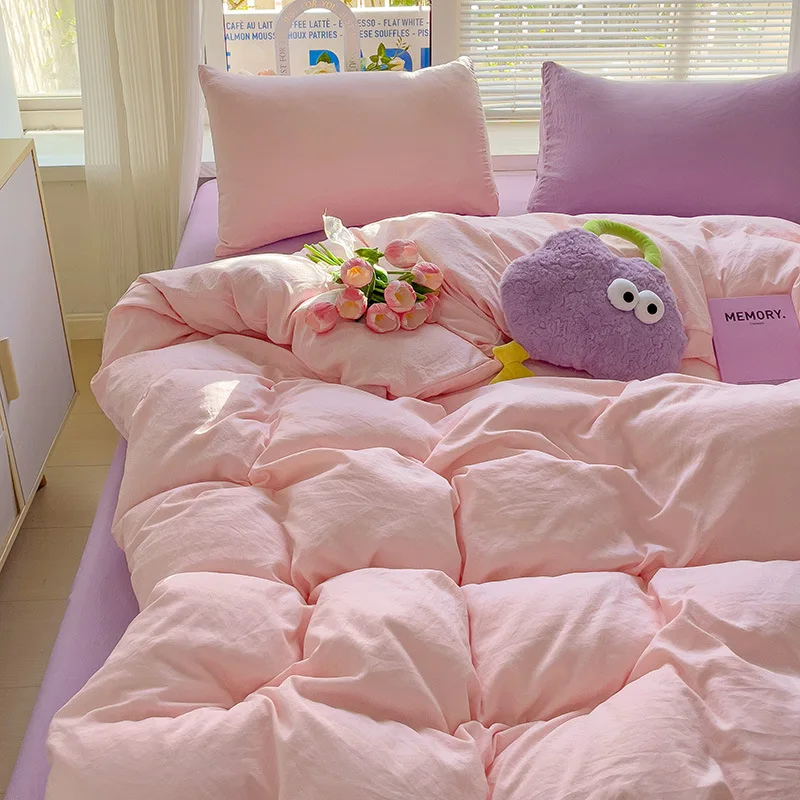 2026 Nordic Two-Color Soft Bedding Set Breathable Skin-Friendly Home Textile for Four Seasons Washed Cotton Sanding Bed Sets