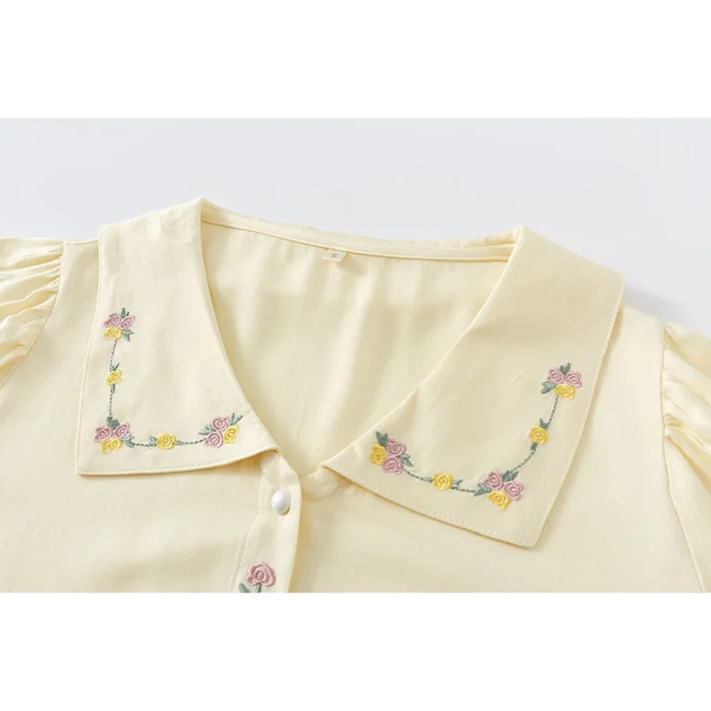 Sweet Yellow Color 100% Viscose Women\'s  Nightgowns  Embroidery Collar Cardigan  Summer Short Sleeve Sleepwear Home Loose Dress