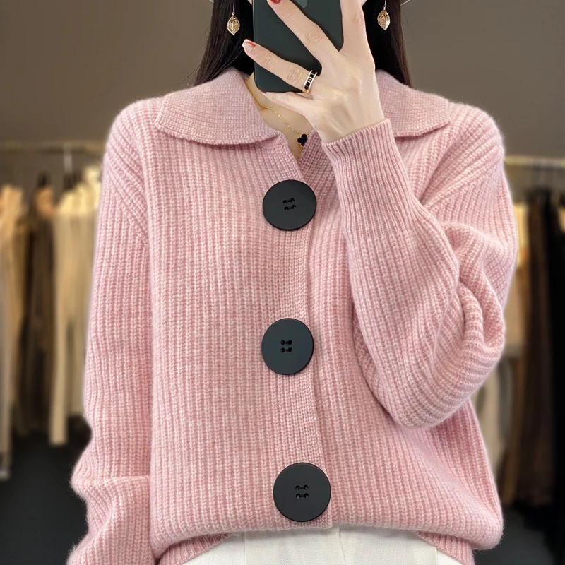 

Women's Cashmere Lapel Sweater, 100% Wool Cardigan, Knitted Coat, Full Sleeved, Casual, Monochromatic, Autumn, New, 2023