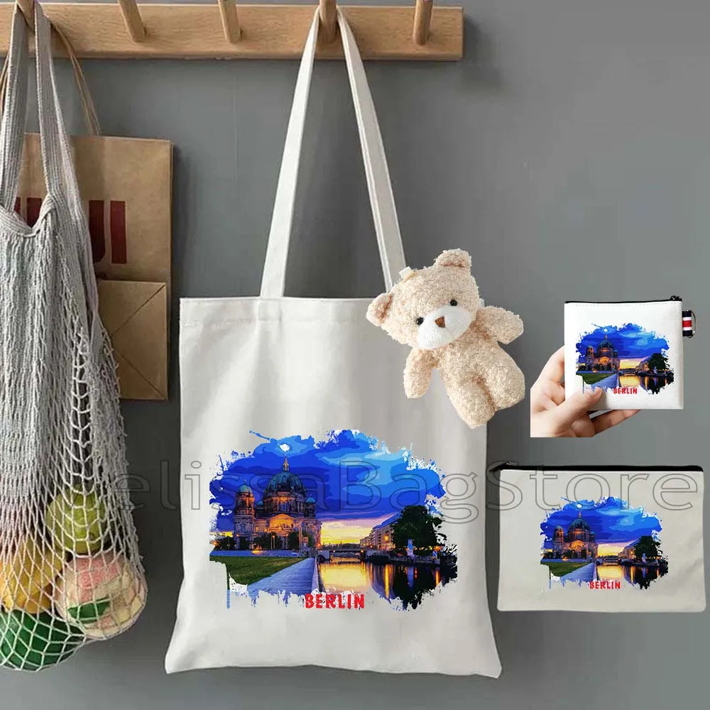 4PCS Gifts Set Berlin Germany White Canvas Tote Bag Handbag with Doll Key Coin Purse Cosmetic Makeup Toilet Bag Case Pouch