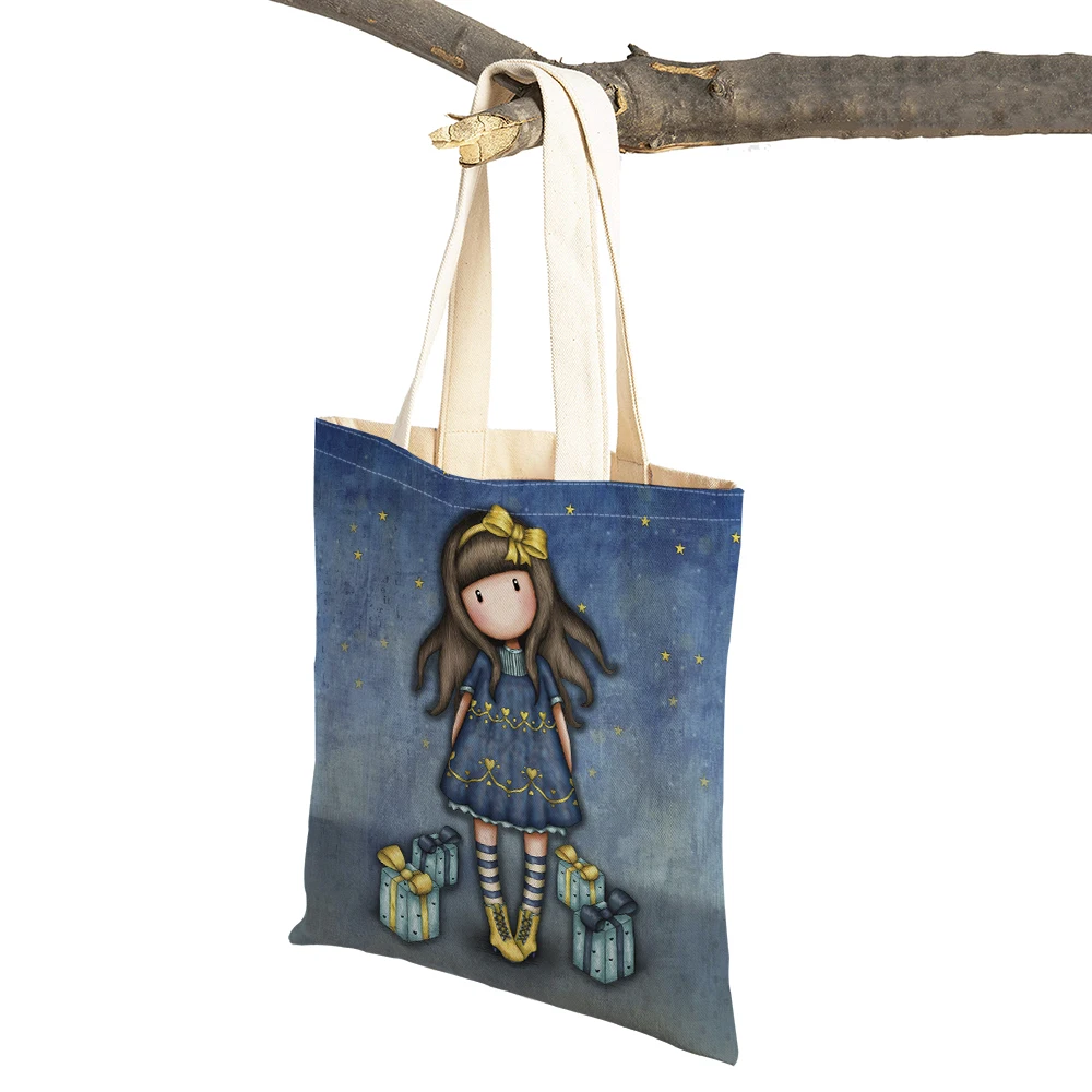 Double Print Fashion Cute Cartoon Little Girl Women Shopping Bag Linen Children Gift Tote Handbag Lady Shopper Bags