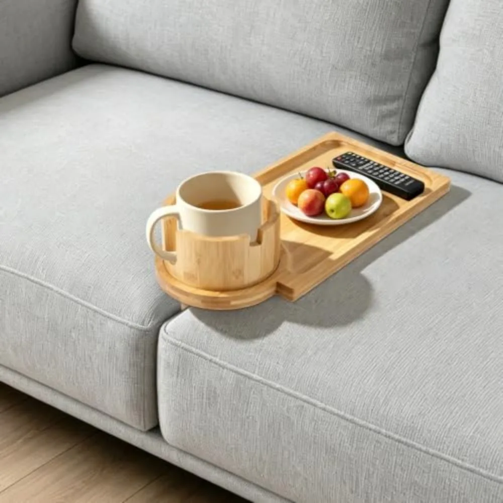 Couch Tray Insert for Middle Seat, Bamboo Couch Gap Cup Holder Tray with 360° Rotating Cup and Phone Holder, Foldable Armrest Table for Drinks Snacks Remotes, Fits Armless Sofa and Sectionals