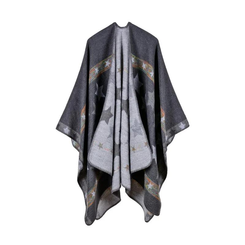 New European American Women's Star Color Bar Imitation Cashmere Shawl Extra Long Thickened Foreign Trade Cape Ponchos Gray