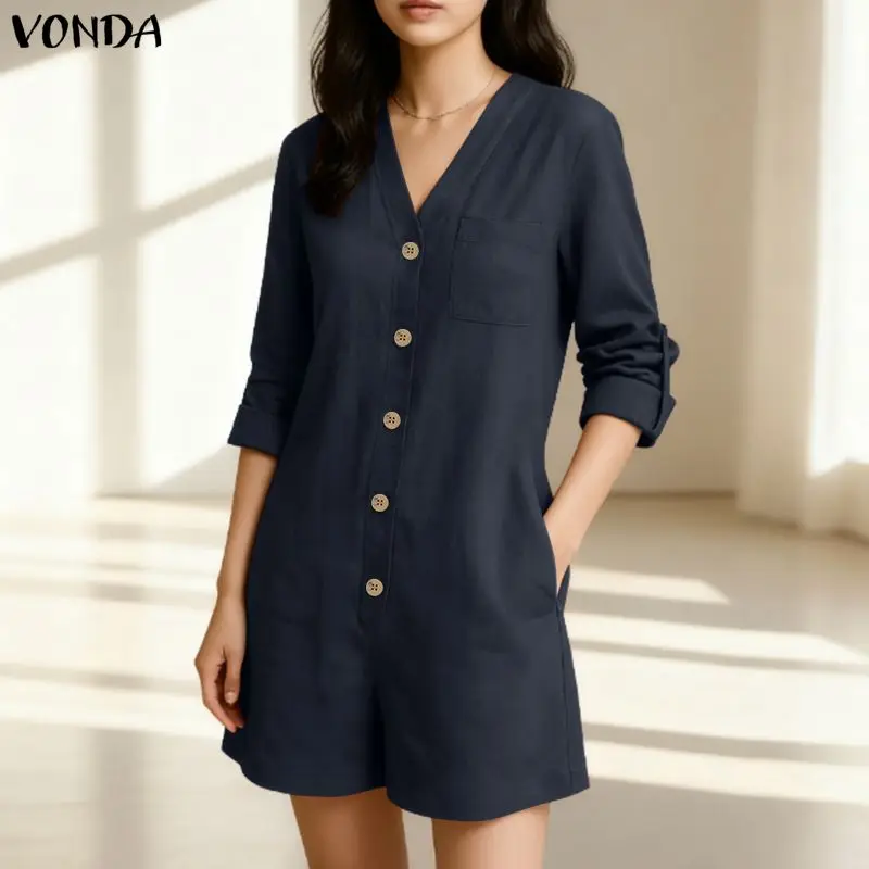 

Autumn Short Jumpsuits VONDA Women 100% Cotton Playsuits 2025 Long Sleeve V-Neck Fashion Solid Pockets Elegant Office Overalls