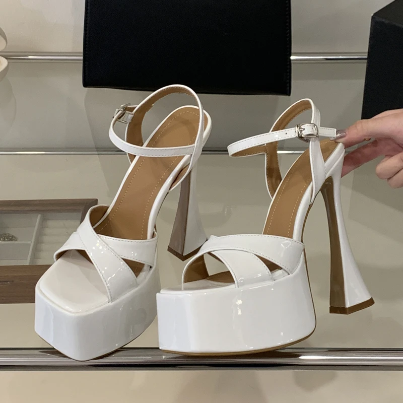 Aneikeh Summer Lacquer Leather Square Head Women Sandals Fashion Thick High Heels Buckle Strap Party Pumps Shoes