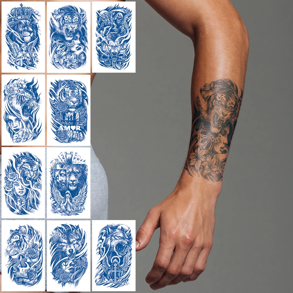 10Pcs Long Lasting Waterproof Juice Temporary Fake Tattoos Stickers,Blue Dragon Snake Skull Flower Tiger Woman Man Cool Body Art