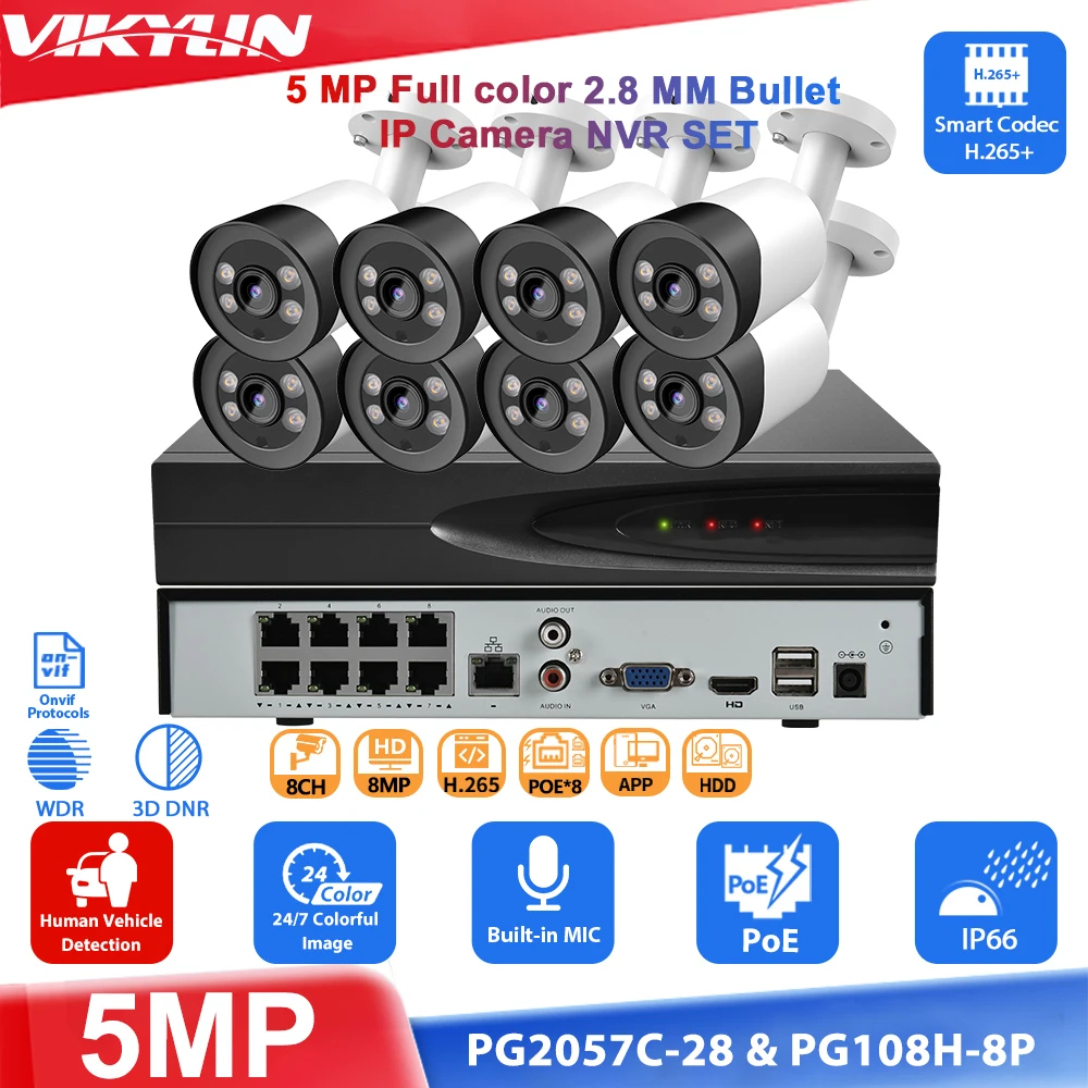 Vikylin 5MP Full Color Night Vision IP Camera 4K 8CH 8POE Network Video Recorder CCTV Kit Home Security Camera System KIT H.265+