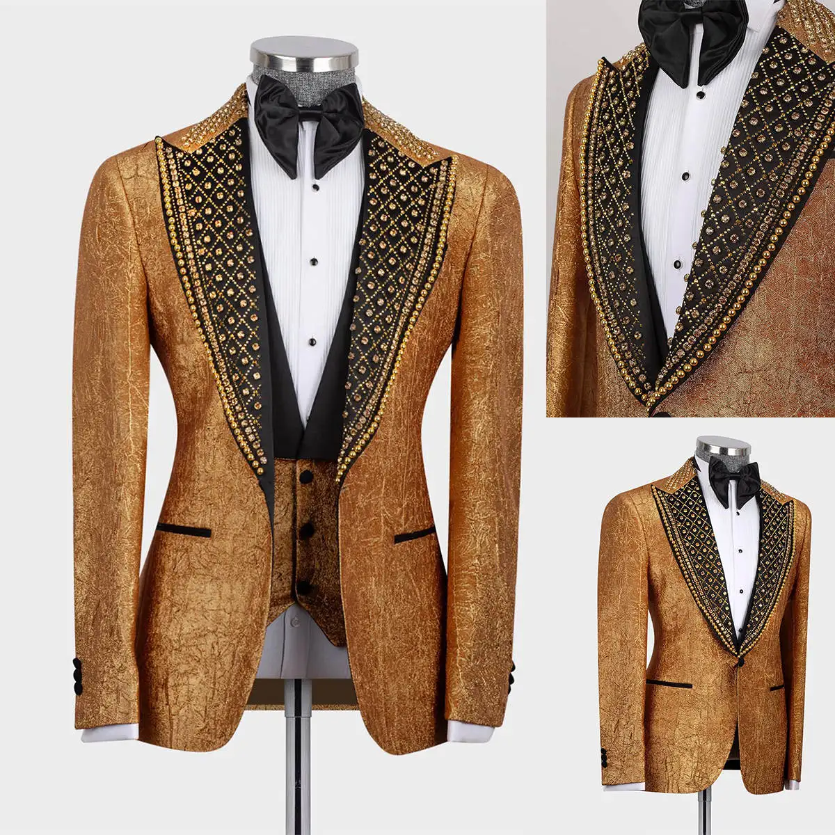 

Luxury Crystal Men's Wedding Blazer Peak Neck Jacket Single Breasted Tuxedos Business Party Wear Overcoat Customized