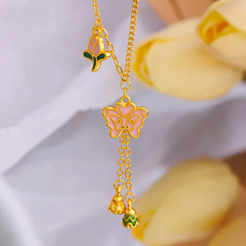 9999 Real Gold 24K Butterfly Necklace, Enamel Women's Premium Tulip Butterfly Design Chain