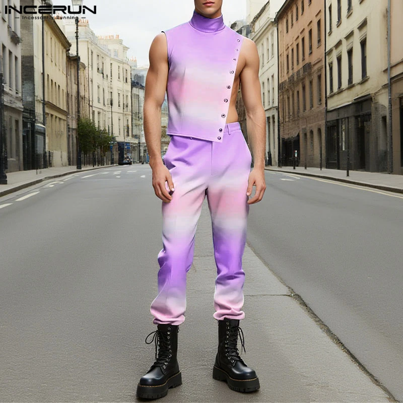 INCERUN Men Sets Tie Dye Gradient Turtleneck Irregular Tank Tops & Pants Two Pieces Sets Sexy Streetwear 2025 Fashion Men Suits