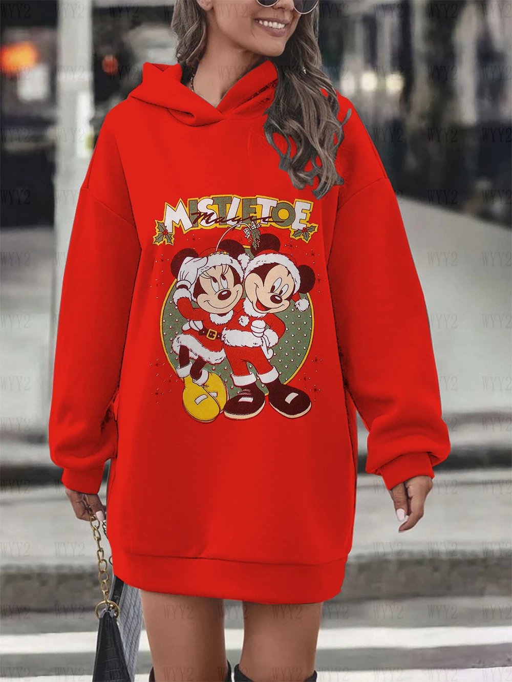 

New Loose Sweatshirt Christmas Disney Mickey Minnie Print Women's Fashion Street Autumn and Winter Hooded Skirt Tops