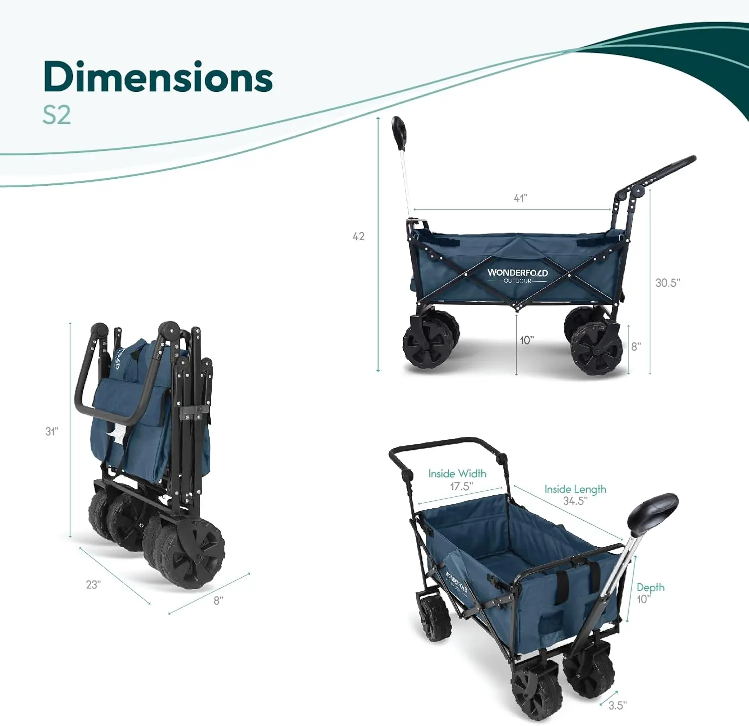 S2 Push & Pull Opvouwbare Utility Cart Met Brede Strandbanden, Verstelbare Duwhendel, Telescopische Trekhandgreep Met Veerbounce Tec