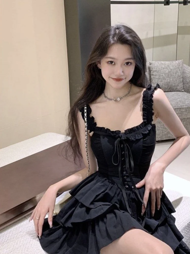 QWEEK Gothic Goth Harajuku Sexy Slip Dress Ruffles Y2k Streetwear Dark Punk Cake Dresses Party Korean Fashion 2023 Summer